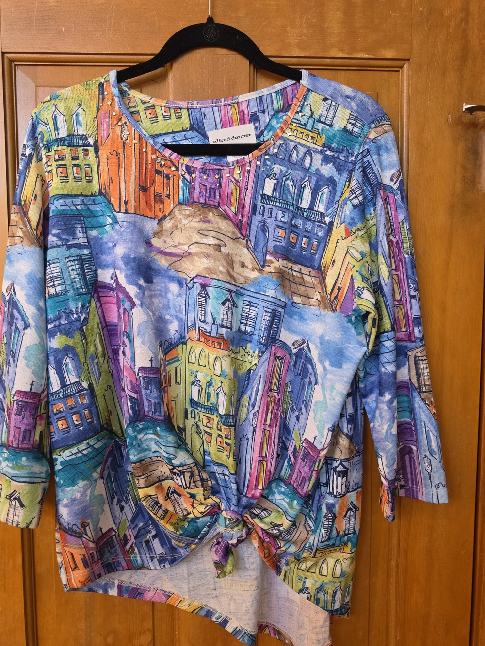 Alfred Dunner Multicolor Watercolor Cityscape Tie-Front Tunic